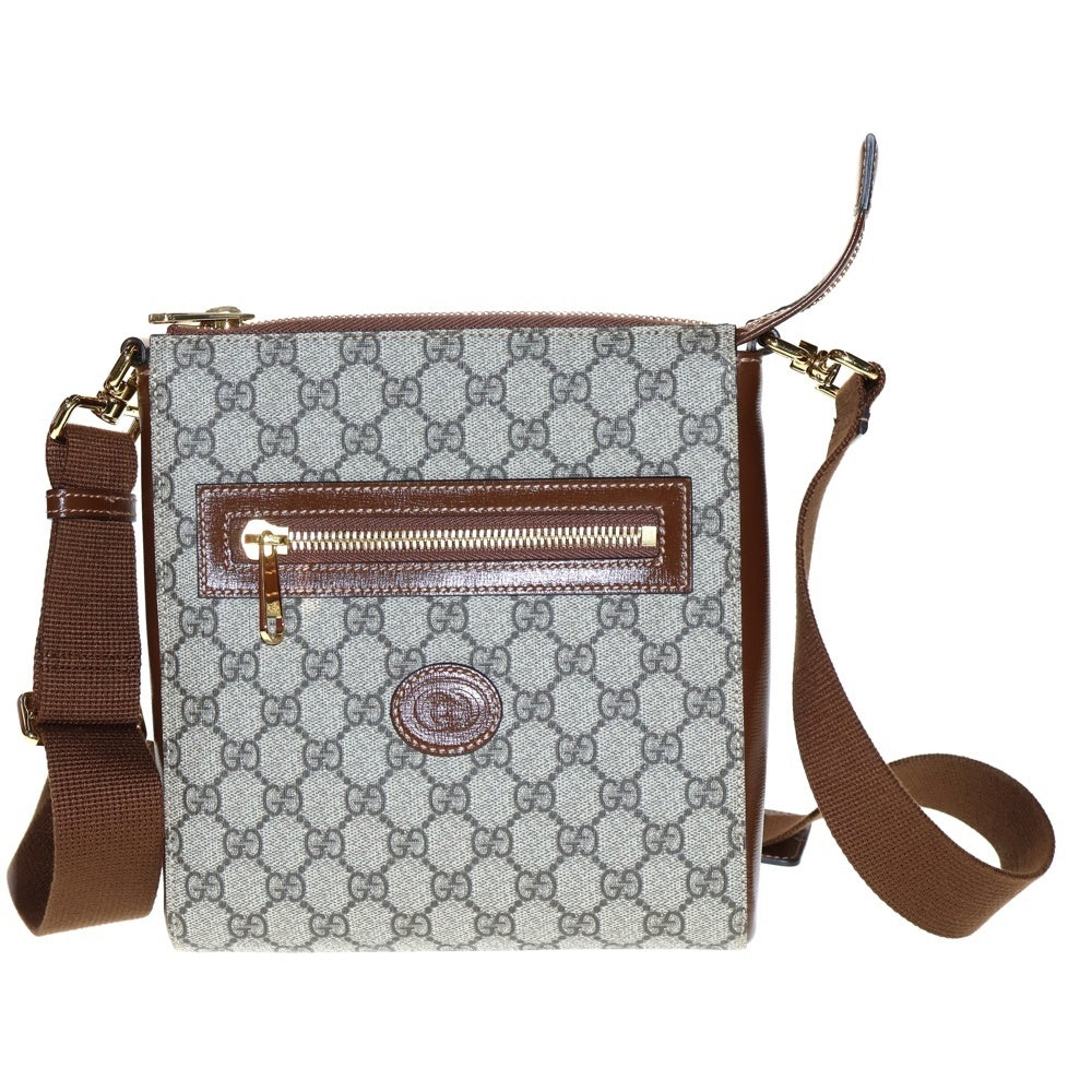 GUCCI(グッチ) GGスプリーム メッセンジャーバッグ ショルダーバッグ ブラウン×ベージュ ゴールド金具 レザー×PVC 681021