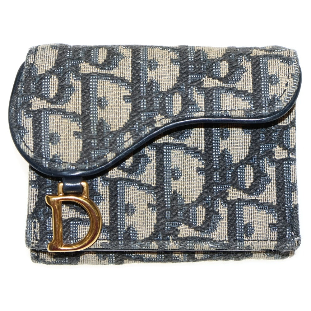 Christian Dior(クリスチャンディオール) オブリーク総柄 サドル ミニ キャンバス レザー コンパクトウォレット 三つ折り財布 ゴールド金具 ベージュ/ネイビー