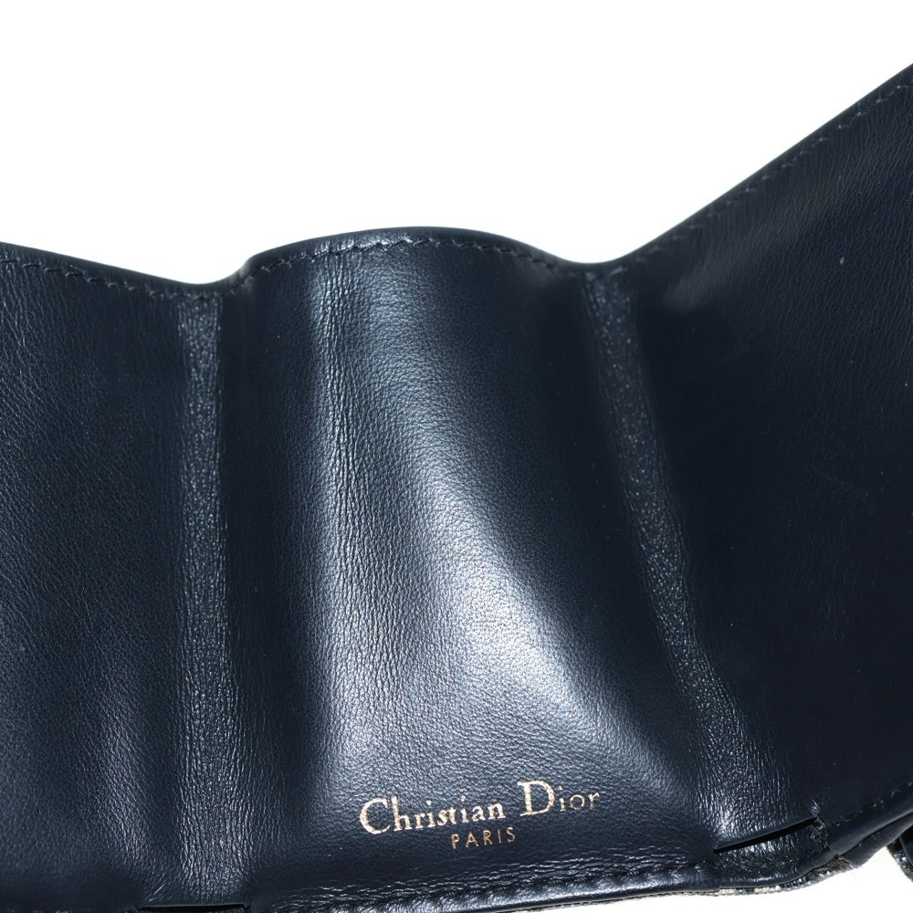Christian Dior(クリスチャンディオール) オブリーク総柄 サドル ミニ キャンバス レザー コンパクトウォレット 三つ折り財布 ゴールド金具 ベージュ/ネイビー