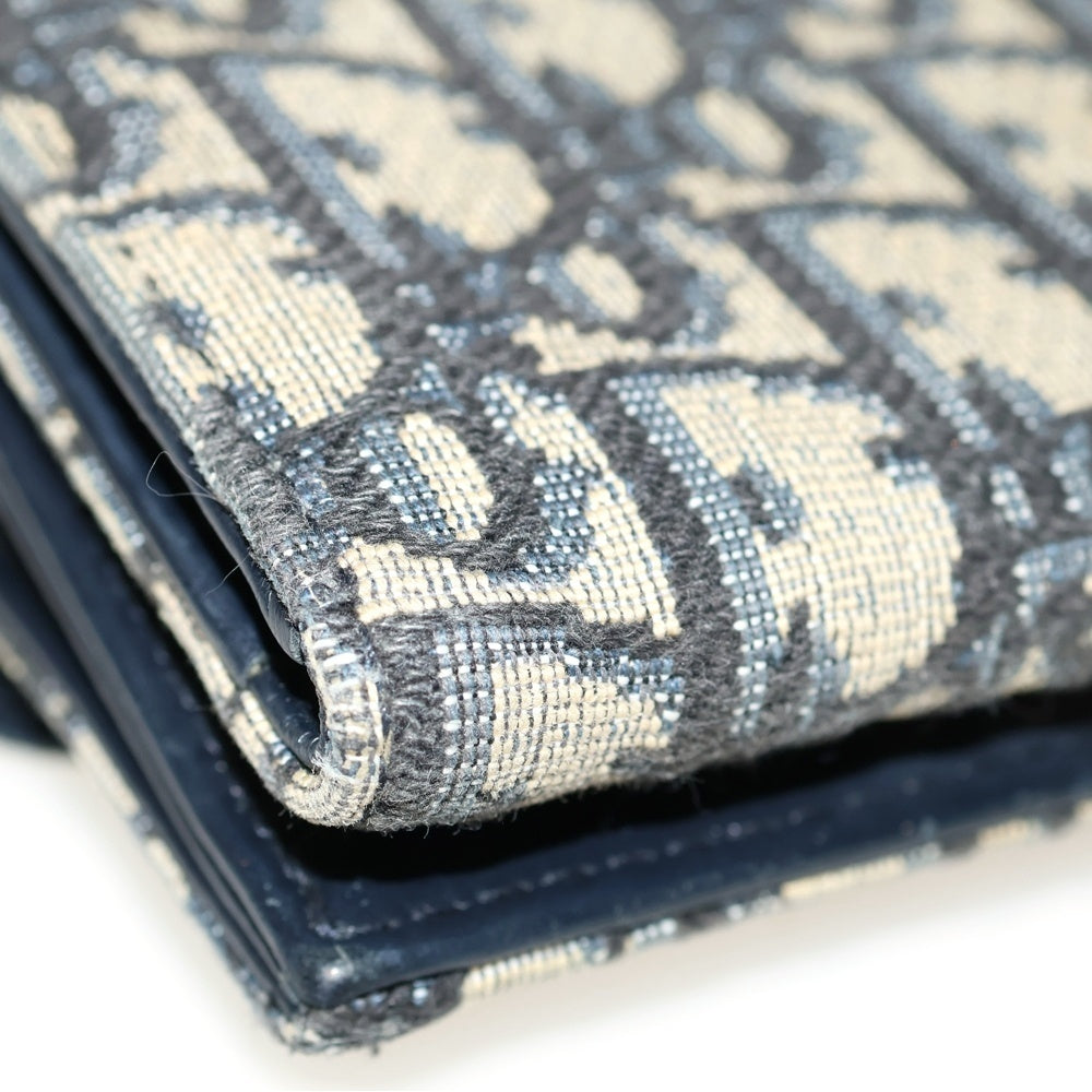 Christian Dior(クリスチャンディオール) オブリーク総柄 サドル ミニ キャンバス レザー コンパクトウォレット 三つ折り財布 ゴールド金具 ベージュ/ネイビー