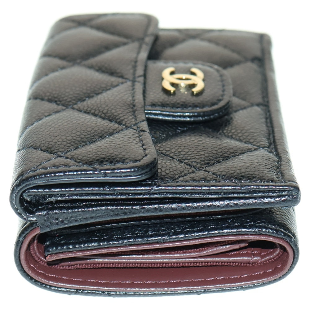 CHANEL(シャネル) マトラッセ クラシック ココマーク キャビアスキン レザー コンパクトウォレット 三つ折り財布 ゴールド金具 ブラック