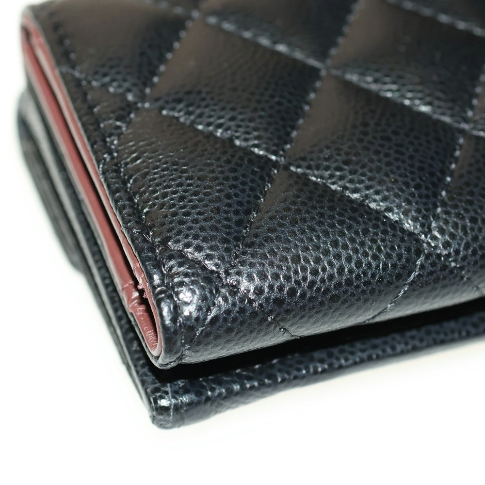 CHANEL(シャネル) マトラッセ クラシック ココマーク キャビアスキン レザー コンパクトウォレット 三つ折り財布 ゴールド金具 ブラック