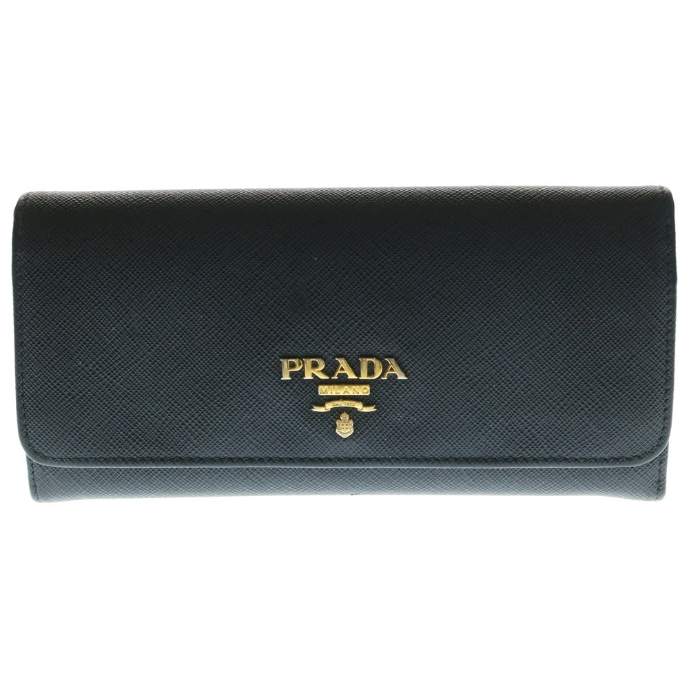 PRADA(プラダ) サフィアーノレザー ロゴプレート ロングウォレット 二つ折り長財布 ゴールド金具 ブラック 1MH132