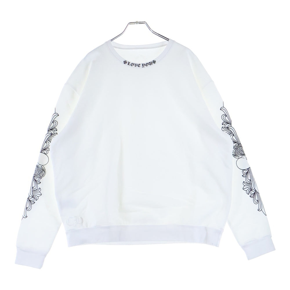 CHROME HEARTS(クロムハーツ) LOVE YOU CREW SWTSHRT 袖フローラルクロスハート ラブユー ネックプリント クルーネック プルオーバースウェットトレーナー ホワイト