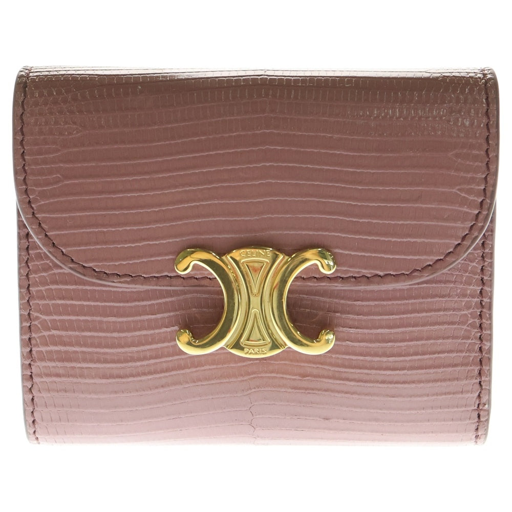 CELINE(セリーヌ) トリオンフ ロゴプレート 型押し レザー コンパクトウォレット 三つ折り財布 ゴールド金具 ピンク