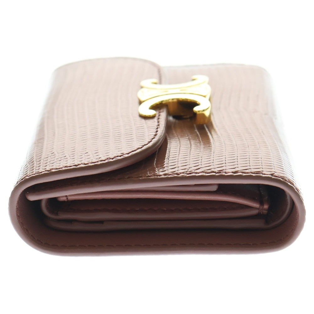 CELINE(セリーヌ) トリオンフ ロゴプレート 型押し レザー コンパクトウォレット 三つ折り財布 ゴールド金具 ピンク