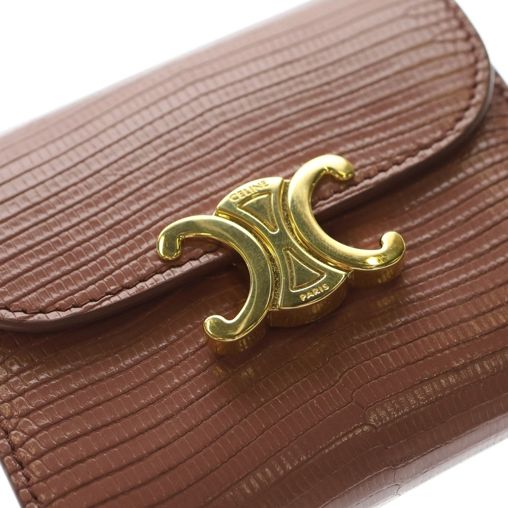 CELINE(セリーヌ) トリオンフ ロゴプレート 型押し レザー コンパクトウォレット 三つ折り財布 ゴールド金具 ピンク