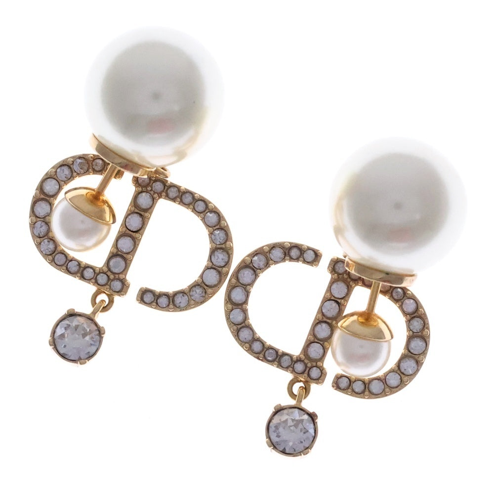 Christian Dior(クリスチャンディオール) CDロゴ トライバル ラインストーン パール ピアス ゴールド