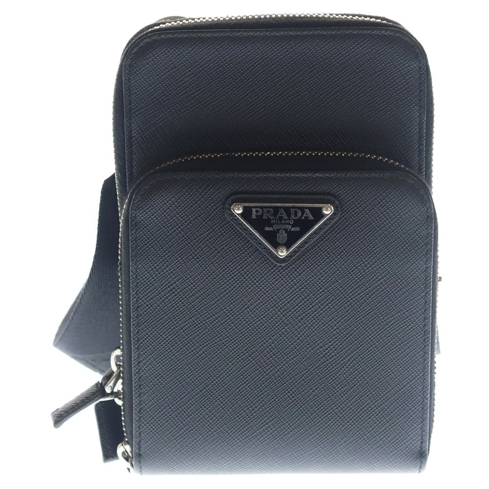PRADA(プラダ) サフィアーノ トライアングルロゴ ショルダーバッグ フォンケース ミニバッグ ブラック レザー 2ZH126 シルバー金具 レディース
