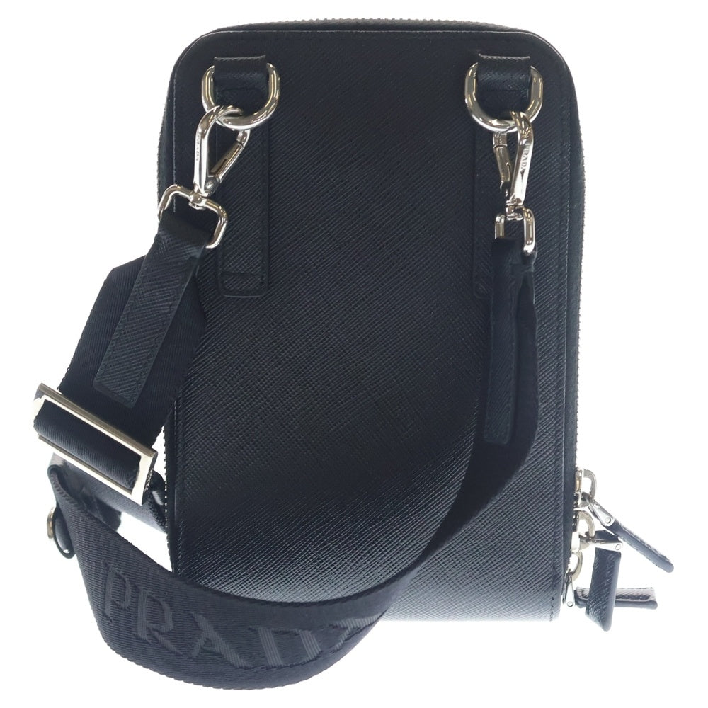 PRADA(プラダ) サフィアーノ トライアングルロゴ ショルダーバッグ フォンケース ミニバッグ ブラック レザー 2ZH126 シルバー金具 レディース