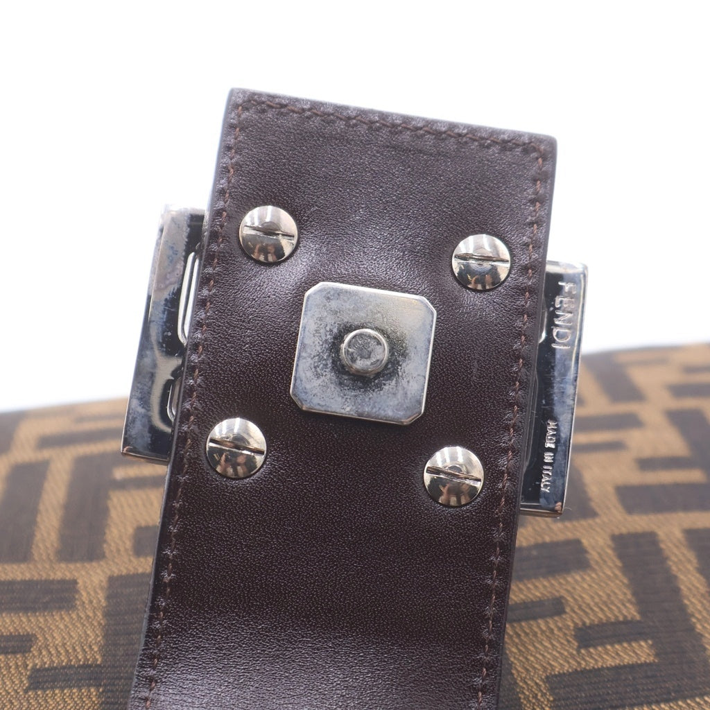 FENDI(フェンディ) FFロゴ ズッカ柄 キャンバス レザー ショルダー トートバッグ シルバー金具 ブラウン レディース