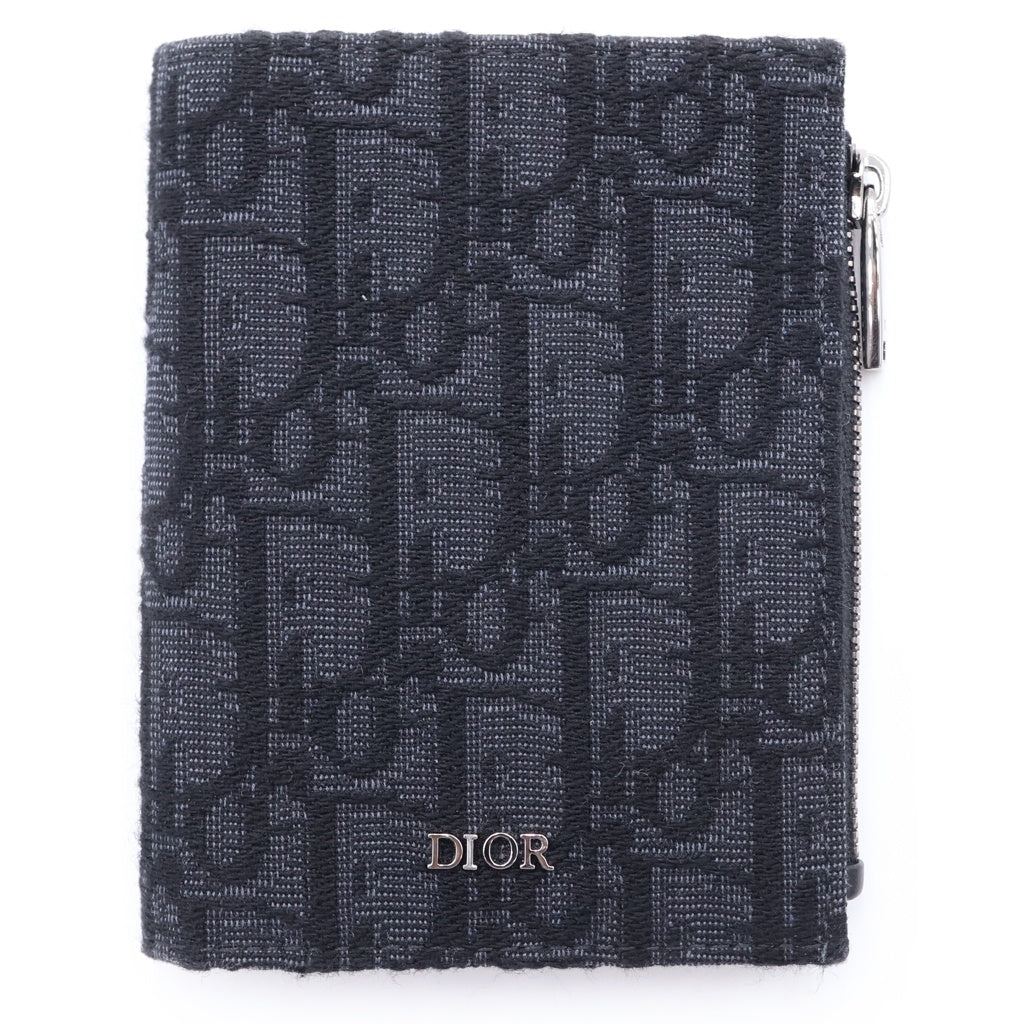 DIOR(ディオール) オブリーク キャンバス×レザー バーティカル 二つ折り財布 コンパクトウォレット カードケース コインケース ネイビー レディース