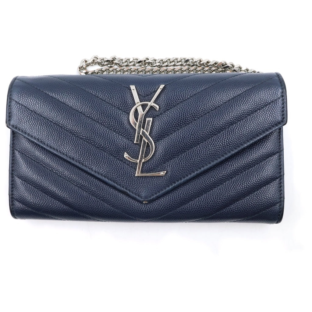 SAINT LAURENT PARIS(サンローランパリ) カサンドラ エンベロープ チェーンウォレット レザー シルバー金具 長財布 ネイビー 393965 レディース