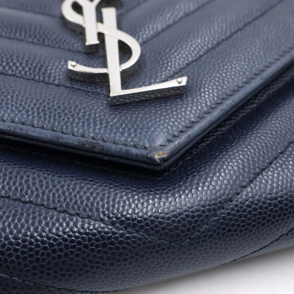 SAINT LAURENT PARIS(サンローランパリ) カサンドラ エンベロープ チェーンウォレット レザー シルバー金具 長財布 ネイビー 393965 レディース