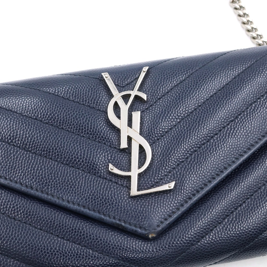 SAINT LAURENT PARIS(サンローランパリ) カサンドラ エンベロープ チェーンウォレット レザー シルバー金具 長財布 ネイビー 393965 レディース
