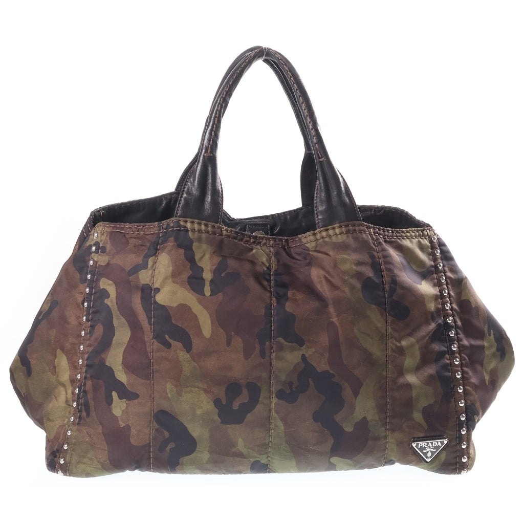 PRADA(プラダ) スタッズ クッションバッグ カモ柄 迷彩柄 トートバッグ ハンドバッグ カーキ ナイロン BR4557 シルバー金具 レディース
