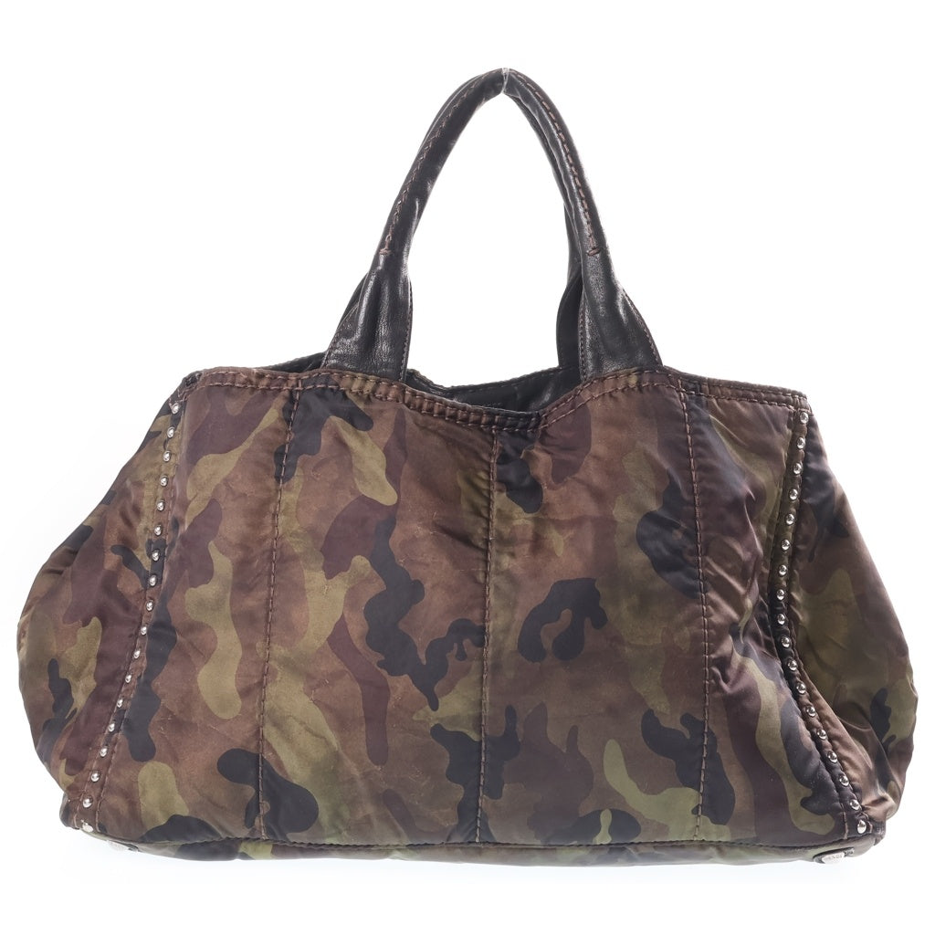 PRADA(プラダ) スタッズ クッションバッグ カモ柄 迷彩柄 トートバッグ ハンドバッグ カーキ ナイロン BR4557 シルバー金具 レディース