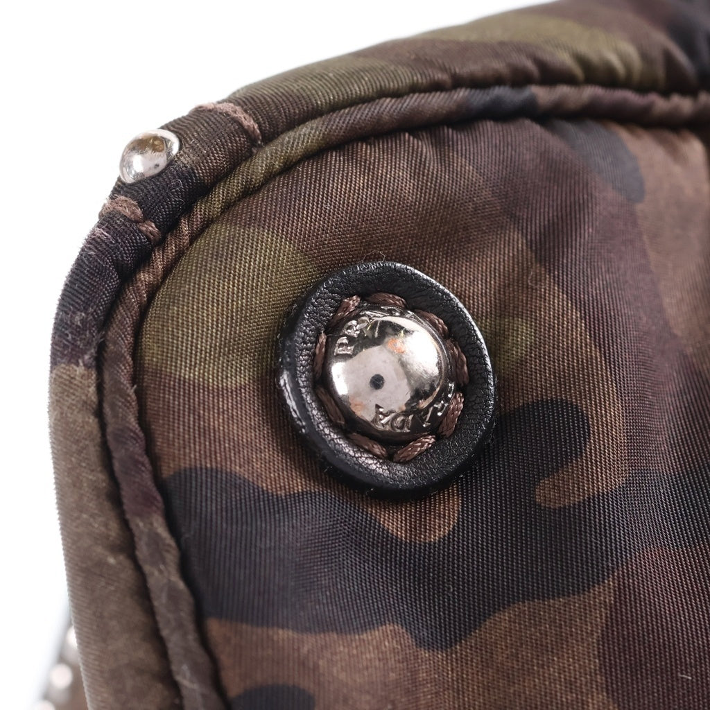 PRADA(プラダ) スタッズ クッションバッグ カモ柄 迷彩柄 トートバッグ ハンドバッグ カーキ ナイロン BR4557 シルバー金具 レディース