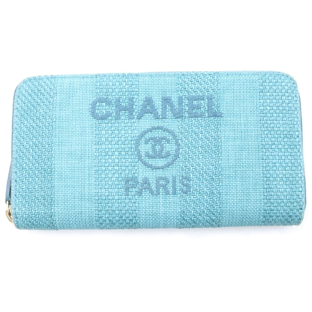 CHANEL(シャネル) ツイード ドーヴィル ラウンドファスナー ロングウォレット 長財布 ライトブルー ゴールド金具 レディース