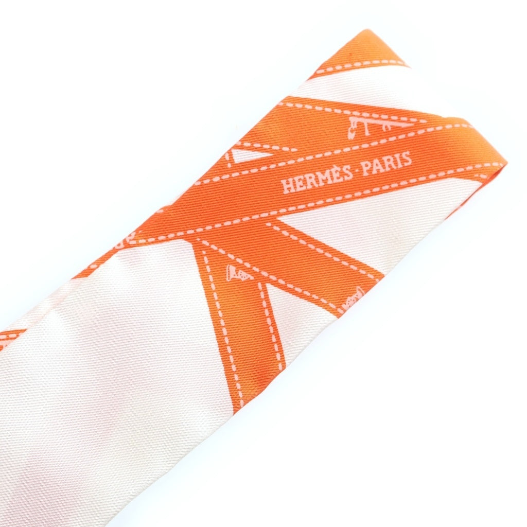 HERMES(エルメス) ツイリー リボン柄 シルクスカーフ オレンジ×ホワイト レディース