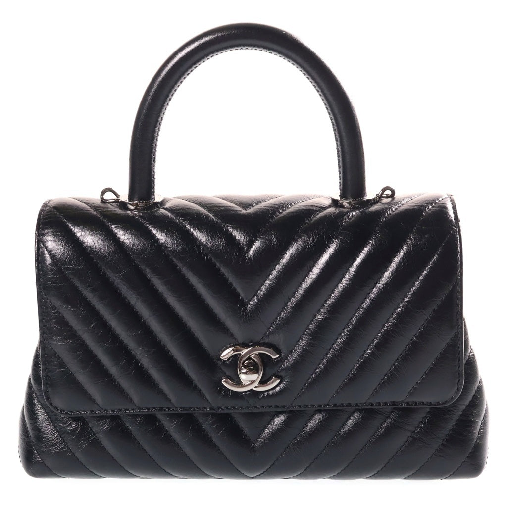 CHANEL(シャネル) シェブロン ココハンドル24 2WAYハンドバッグ ショルダーバッグ ミニバッグ ブラック シャイニーカーフスキン A92990 シリアルプレート ガンメタ金具 レディース