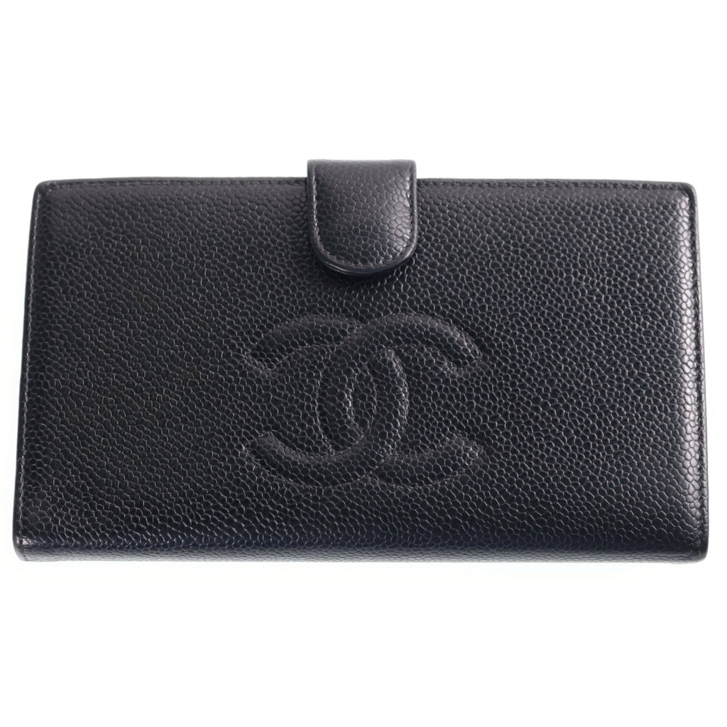 CHANEL(シャネル) ココマーク ロングウォレット 二つ折り長財布 がま口 ブラック キャビアスキン ゴールド金具 レディース