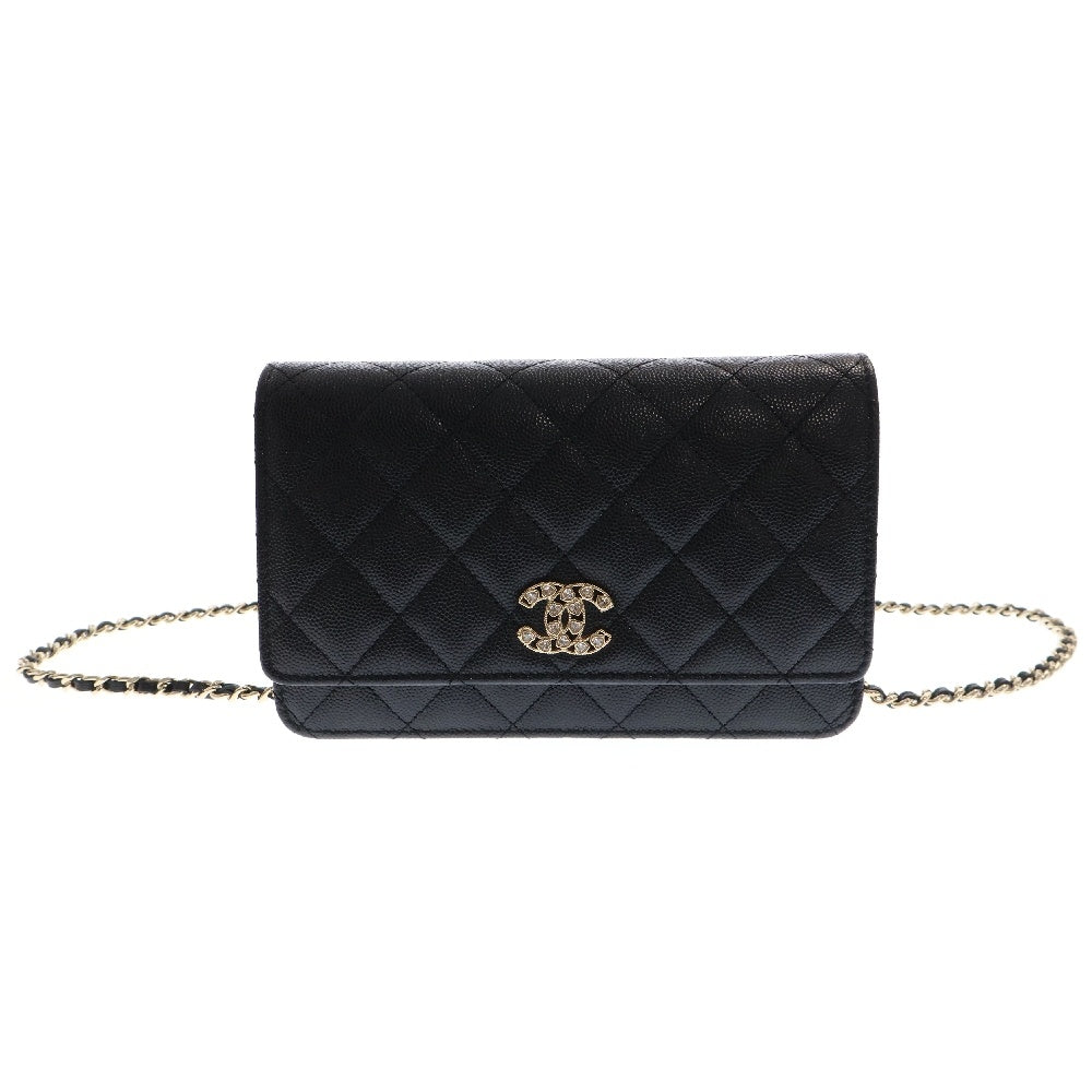 CHANEL(シャネル) マトラッセ ココマーク ハート キャビアスキン チェーンウォレット 財布 ブラック レディース