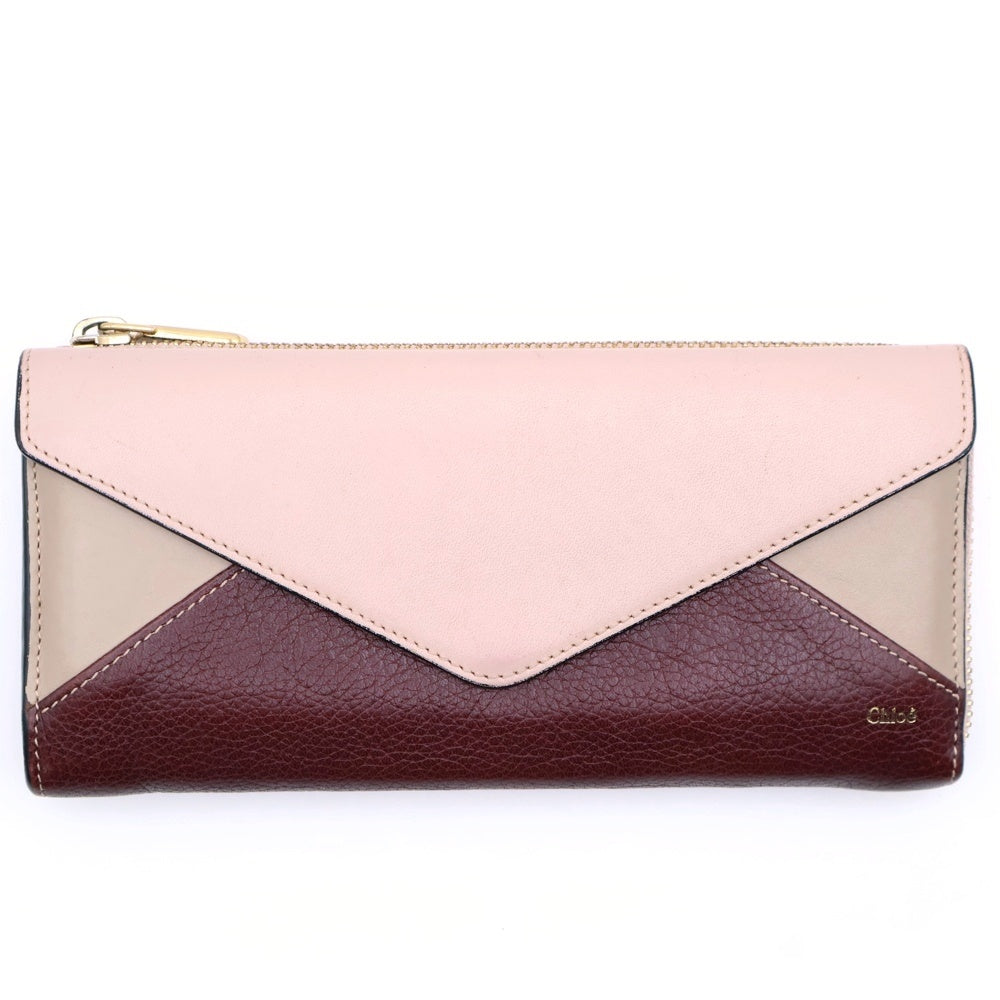 Chloe(クロエ) レザー二つ折り長財布 ラウンドジップウォレット ワイン×ピンク