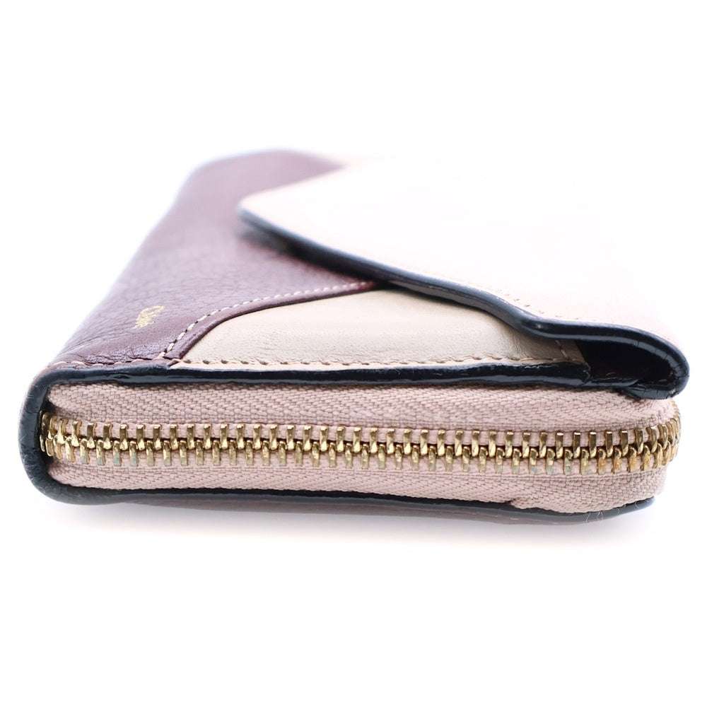 Chloe(クロエ) レザー二つ折り長財布 ラウンドジップウォレット ワイン×ピンク