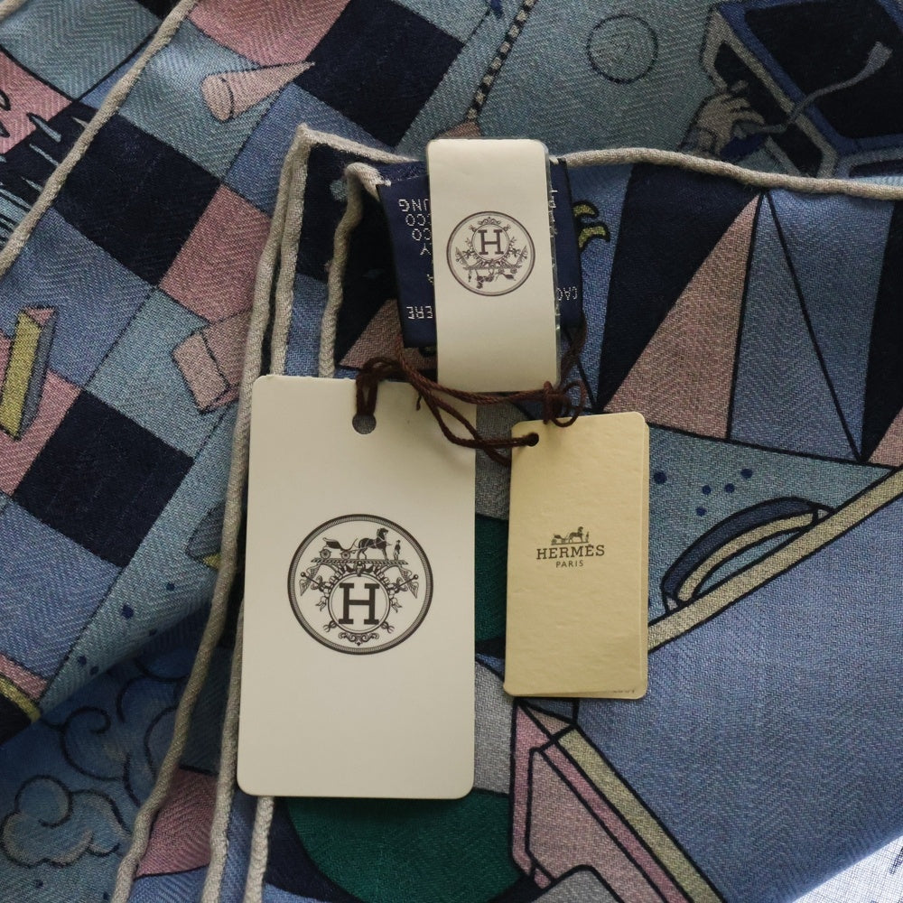 HERMES(エルメス) カレジェアン 140 L'Epopeed'Hermes エルメスの叙事詩 スカーフ ブルーシエル シルク×カシミア