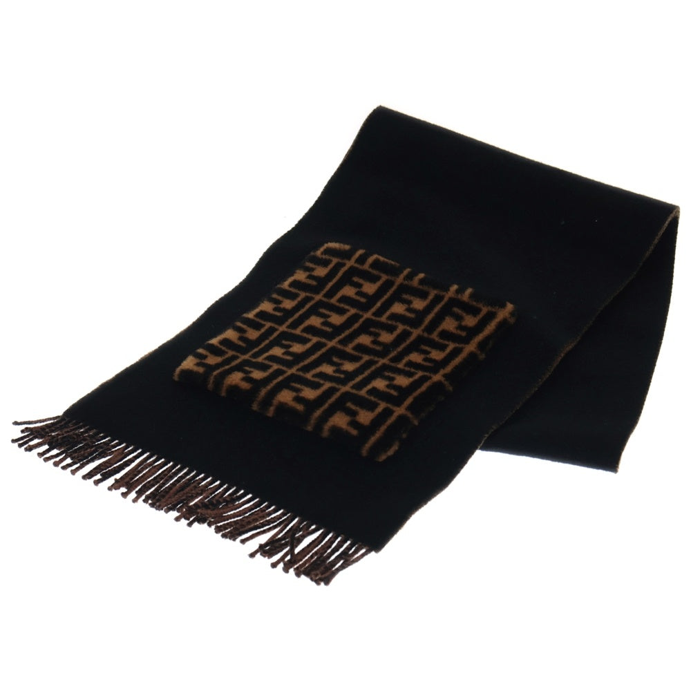 FENDI(フェンディ) FFズッカ柄 ファーポケット付フリンジカシミヤマフラー ブラウン FXT252