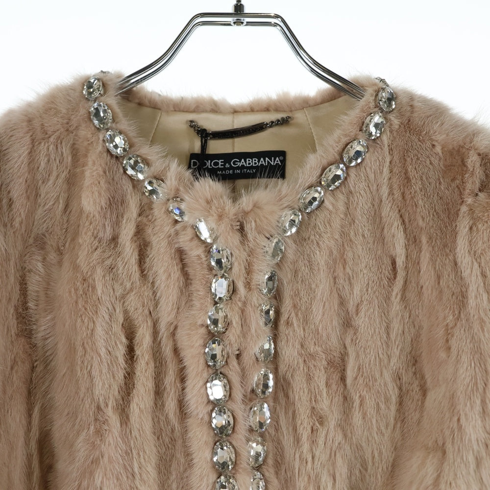 DOLCE & GABBANA(ドルチェアンドガッバーナ) ビジュー装飾 ミンクファー ノーカラー フロントフック ジャケット ピンク レディース F273DF