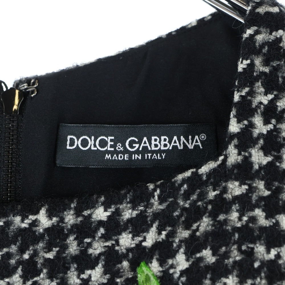 DOLCE & GABBANA(ドルチェアンドガッバーナ) フラワー刺繍 千鳥 ガンクラブチェック総柄ツイード プリーツ ノースリーブ ミディアムワンピース ブラック レディース F6YH3Z