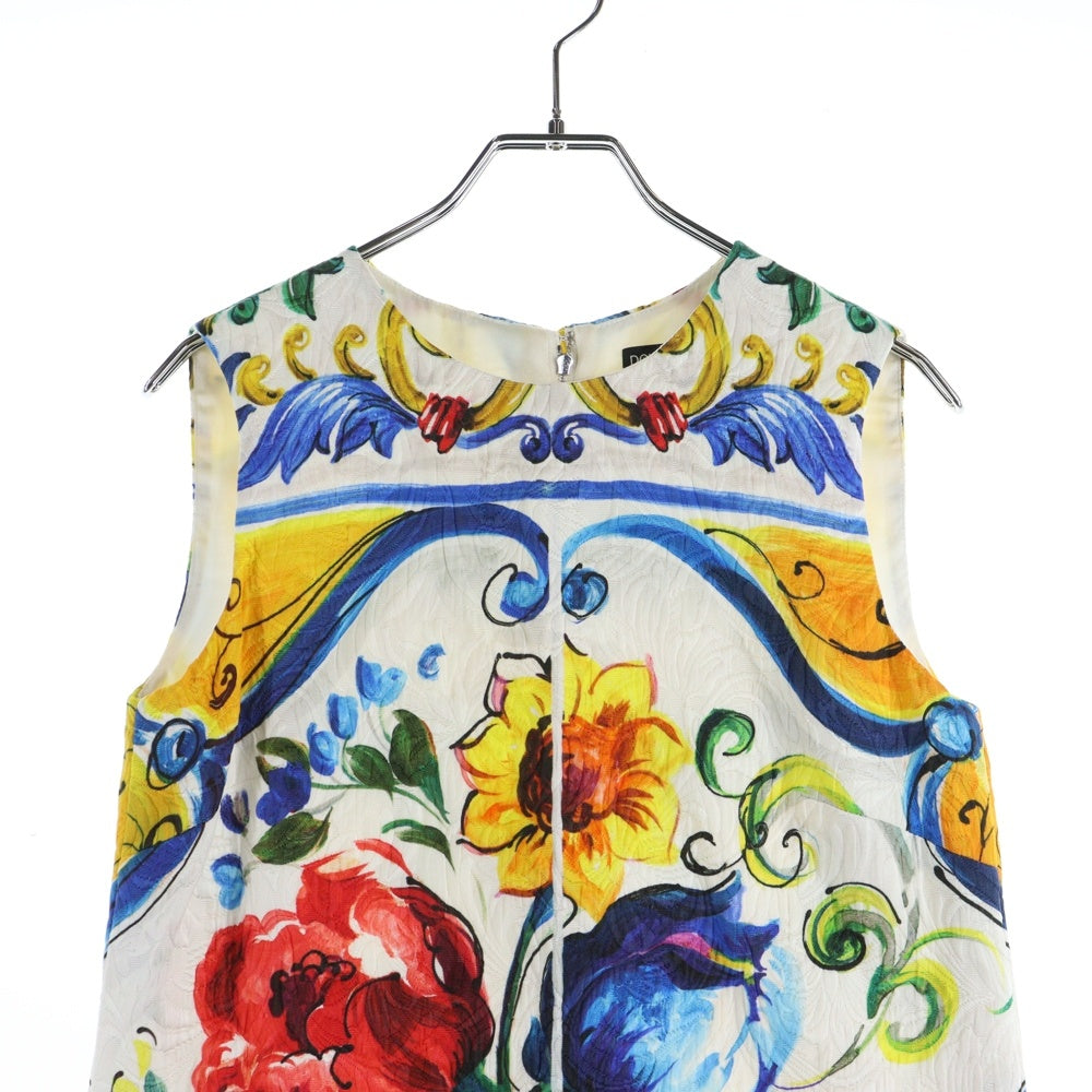 DOLCE & GABBANA(ドルチェアンドガッバーナ) フラワー総柄 プリント ジャガード クルーネック ノースリーブ ミディアムワンピース ホワイト レディース F6XW3T
