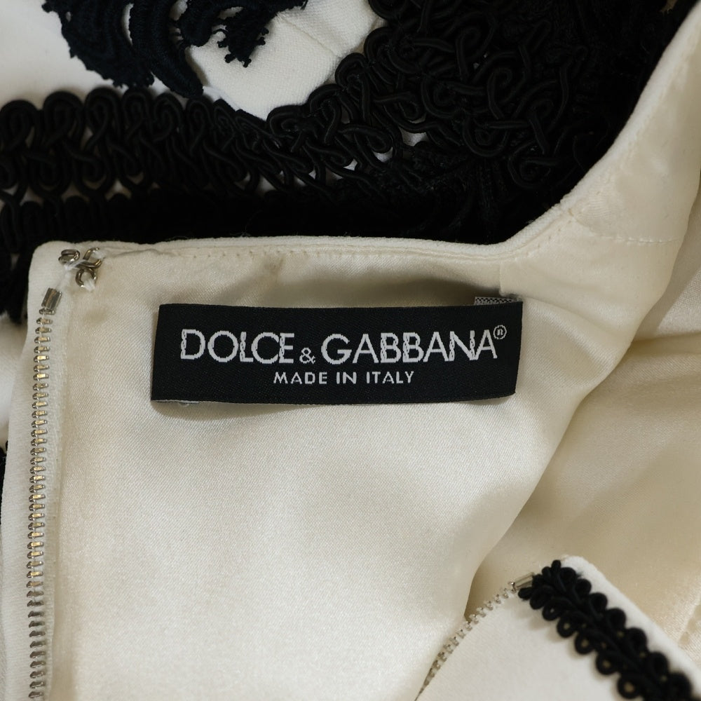 DOLCE & GABBANA(ドルチェアンドガッバーナ) コード刺繍 総柄 ビスコース アセテート クルーネック 半袖ミディアム ワンピース ホワイト/ブラック レディース F6QR3Z