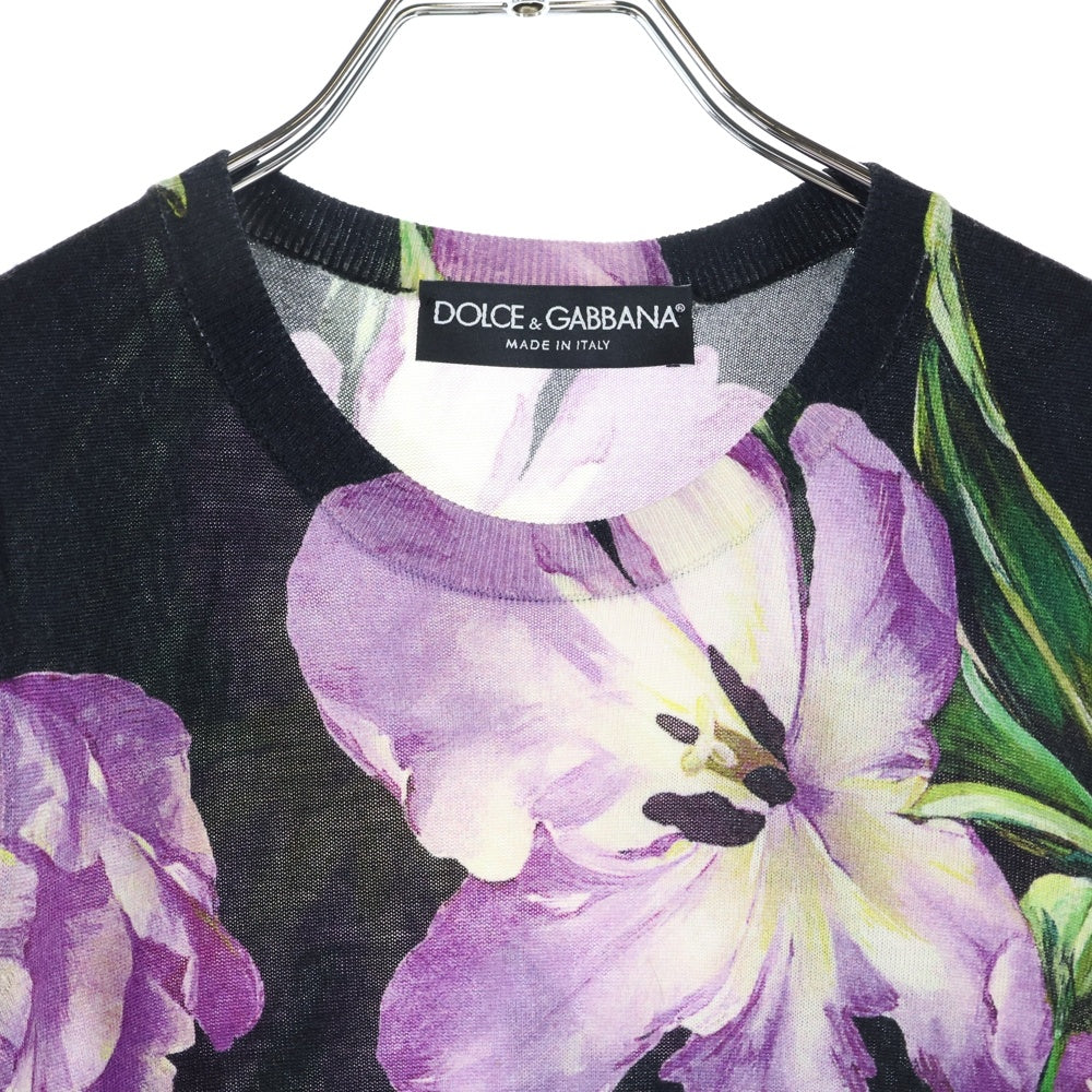 DOLCE & GABBANA(ドルチェアンドガッバーナ) フラワー総柄プリント アンサンブル シルク混 カシミヤ ニット クルーネック ノースリーブ 長袖カーディガン ブラック/パープル レディース FP813K