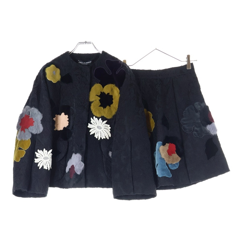 DOLCE & GABBANA(ドルチェアンドガッバーナ) セットアップ ジャガード総柄 ファー フラワーパッチ ノーカラー スナップボタン ジャケット ミディアム フレアスカート ブラック レディース F280DZ