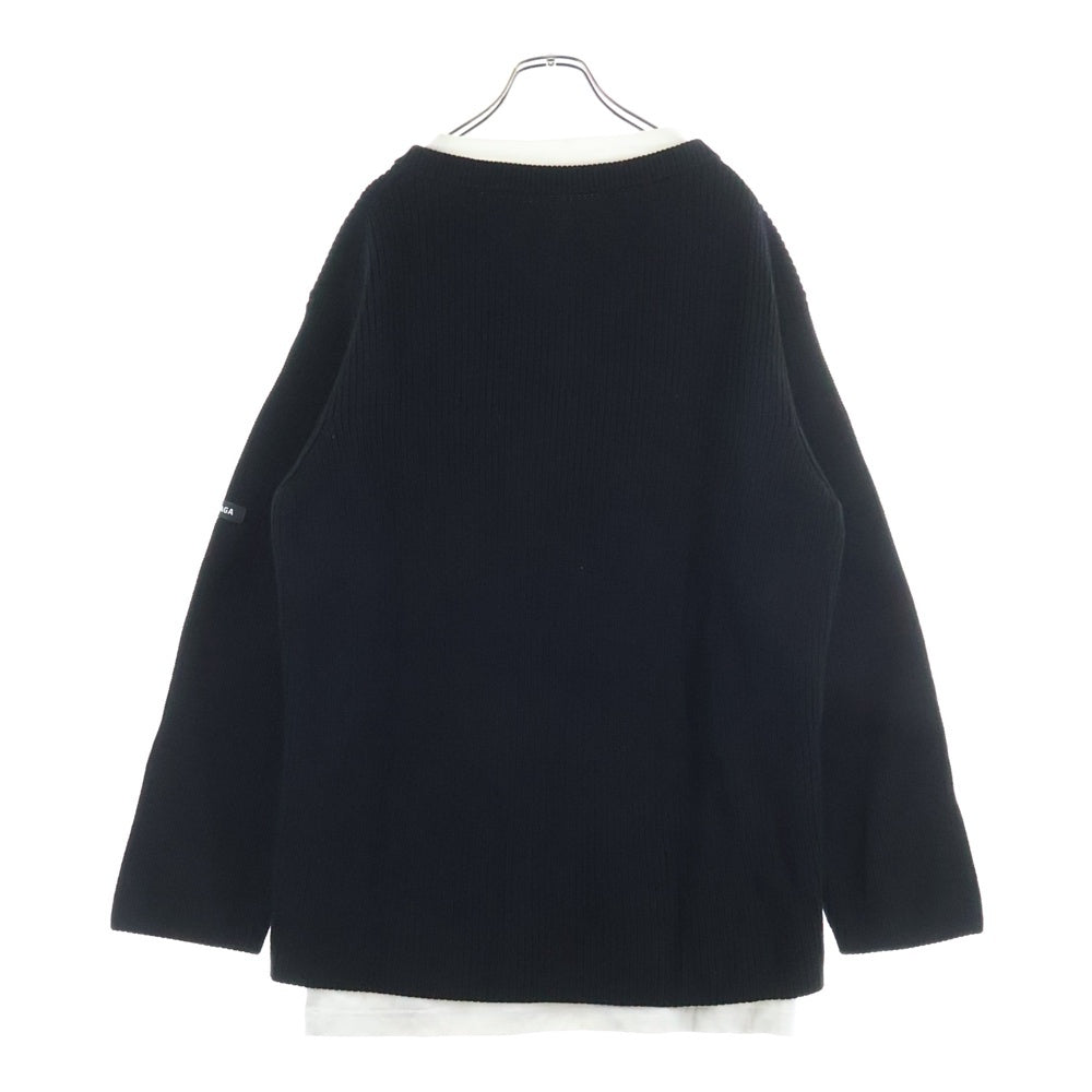 BALENCIAGA(バレンシアガ) 21AW ラバーワッペンロゴ Tシャツレイヤード Vネック 長袖ニット セーター ブラック/ホワイト 678555