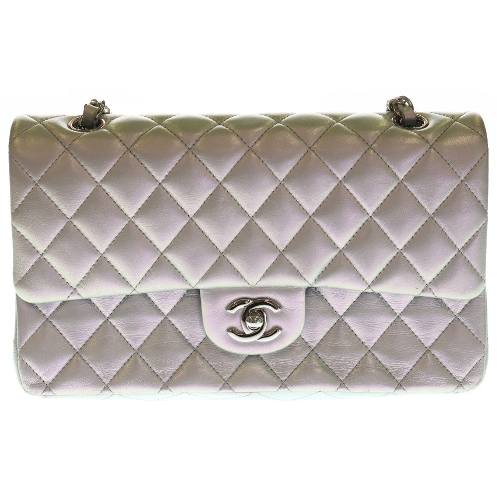 CHANEL(シャネル) マトラッセ25 ダブルフラップ ダブルチェーン ショルダーバッグ メタリックシルバー ラムスキン シルバー金具 レディース