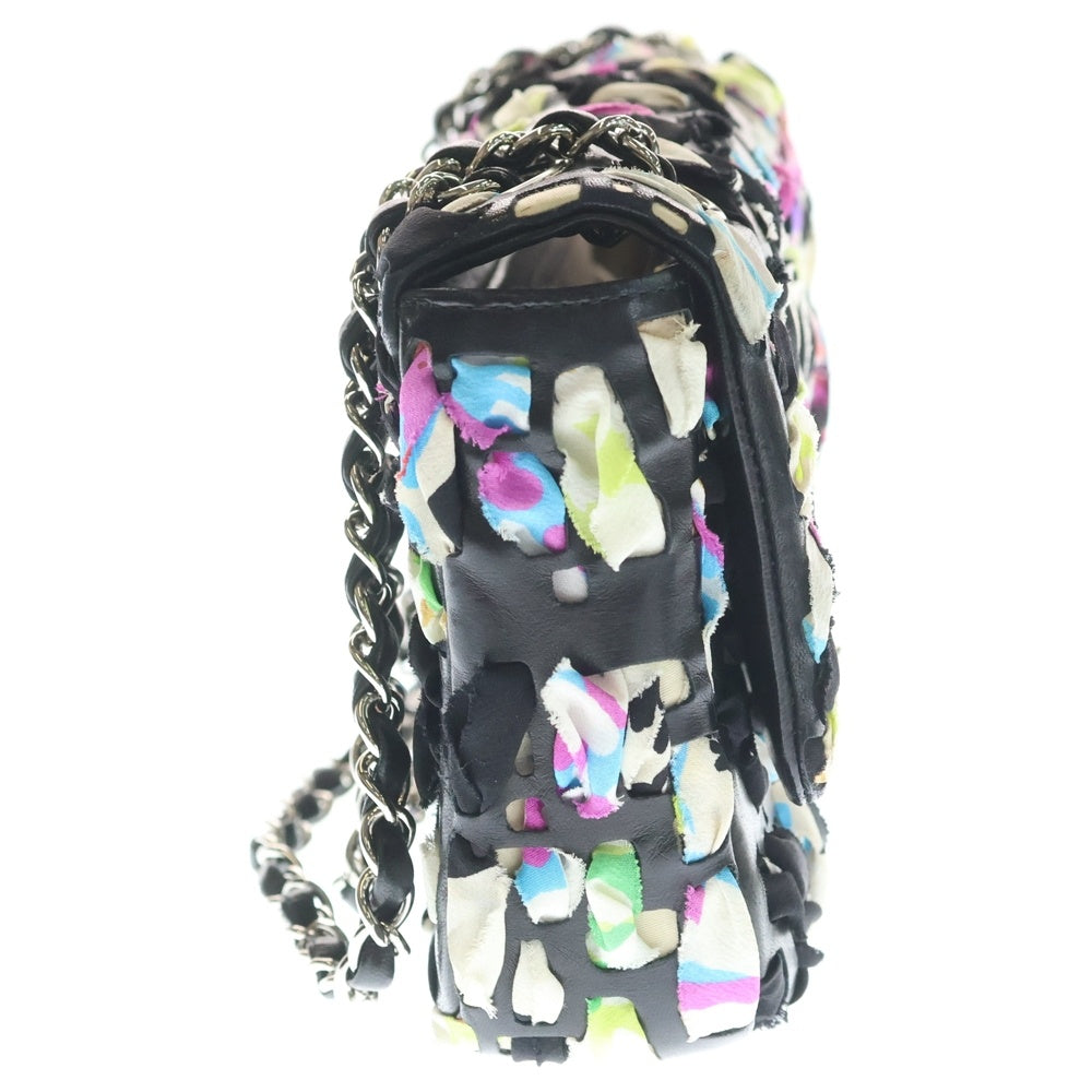 CHANEL(シャネル) ココマーク チェーンショルダーバッグ ブラック マルチカラー レザー×シルク シルバー金具