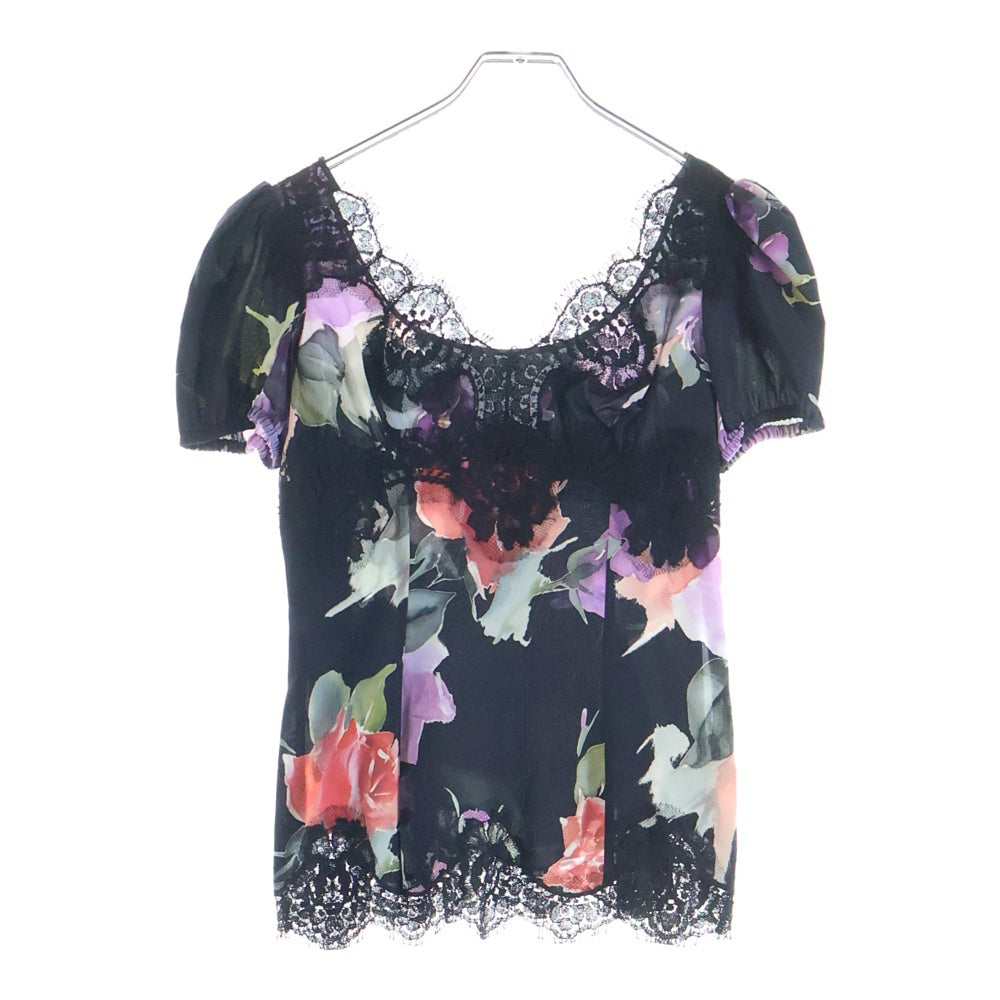 DOLCE & GABBANA(ドルチェアンドガッバーナ) フラワー柄プリント レース切り替え シルク トップス ブラック レディース F87Z5T