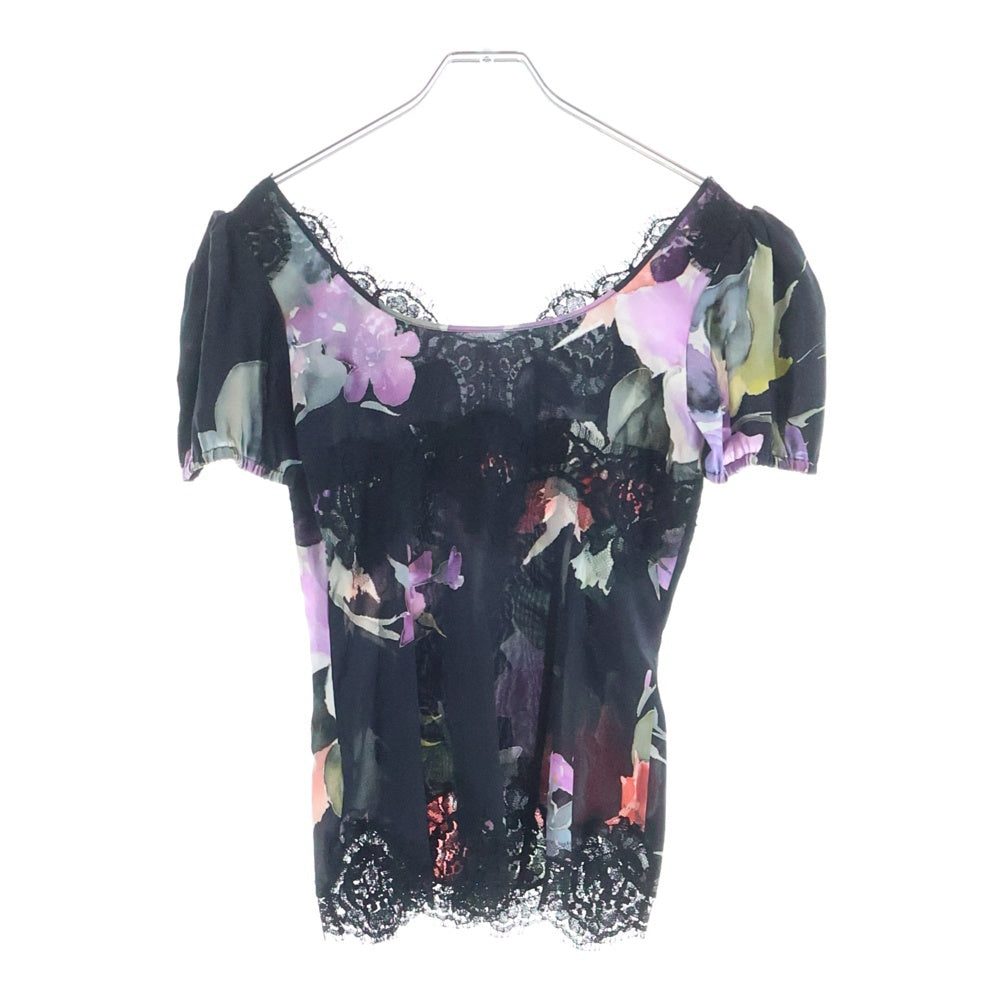 DOLCE & GABBANA(ドルチェアンドガッバーナ) フラワー柄プリント レース切り替え シルク トップス ブラック レディース F87Z5T