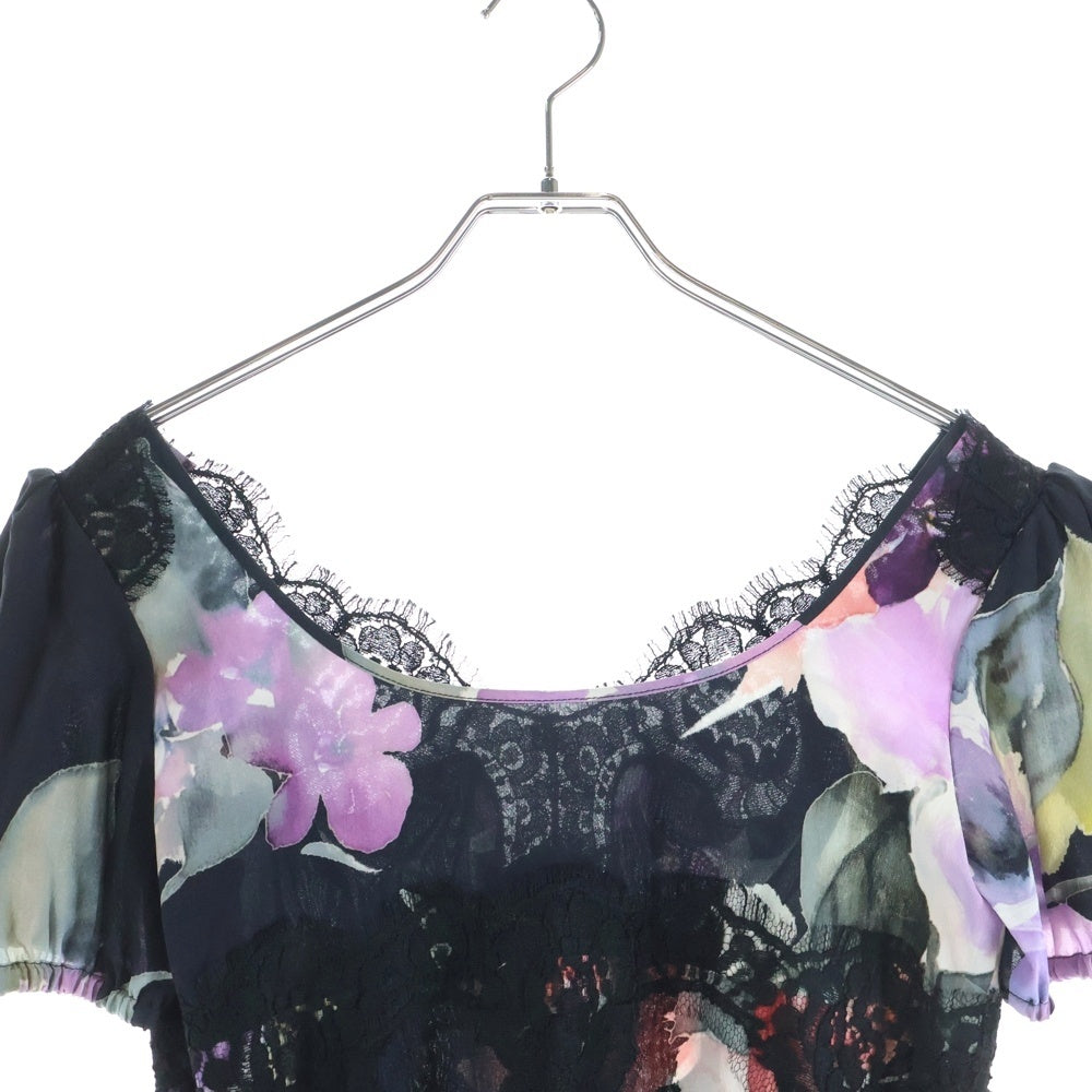 DOLCE & GABBANA(ドルチェアンドガッバーナ) フラワー柄プリント レース切り替え シルク トップス ブラック レディース F87Z5T