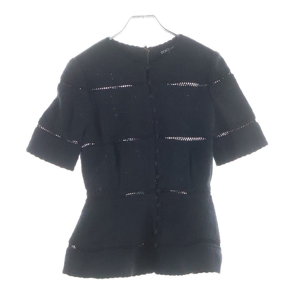DOLCE & GABBANA(ドルチェアンドガッバーナ) ウールツイード ノーカラー ショートスリーブ バックジップ トップス ブラック レディース F260PT
