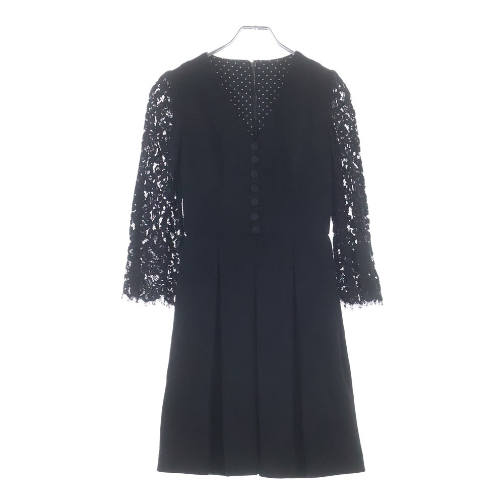 DOLCE & GABBANA(ドルチェアンドガッバーナ) レース切り替え Vネック ボタンデザイン プリーツ ワンピース ドレス ブラック レディース F6GZ9T