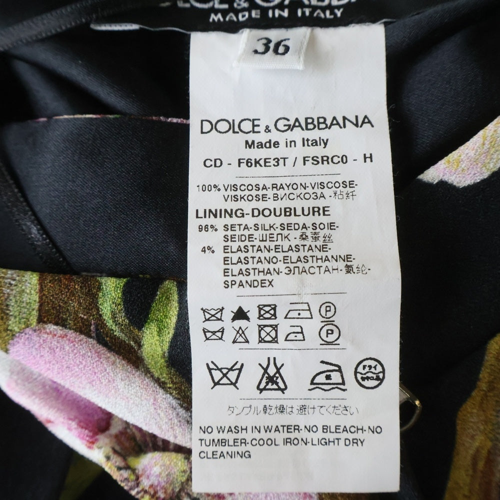 DOLCE & GABBANA(ドルチェアンドガッバーナ) フラワー総柄プリント ギャザーデザイン ノースリーブワンピース ブラック レディース F6KE3T