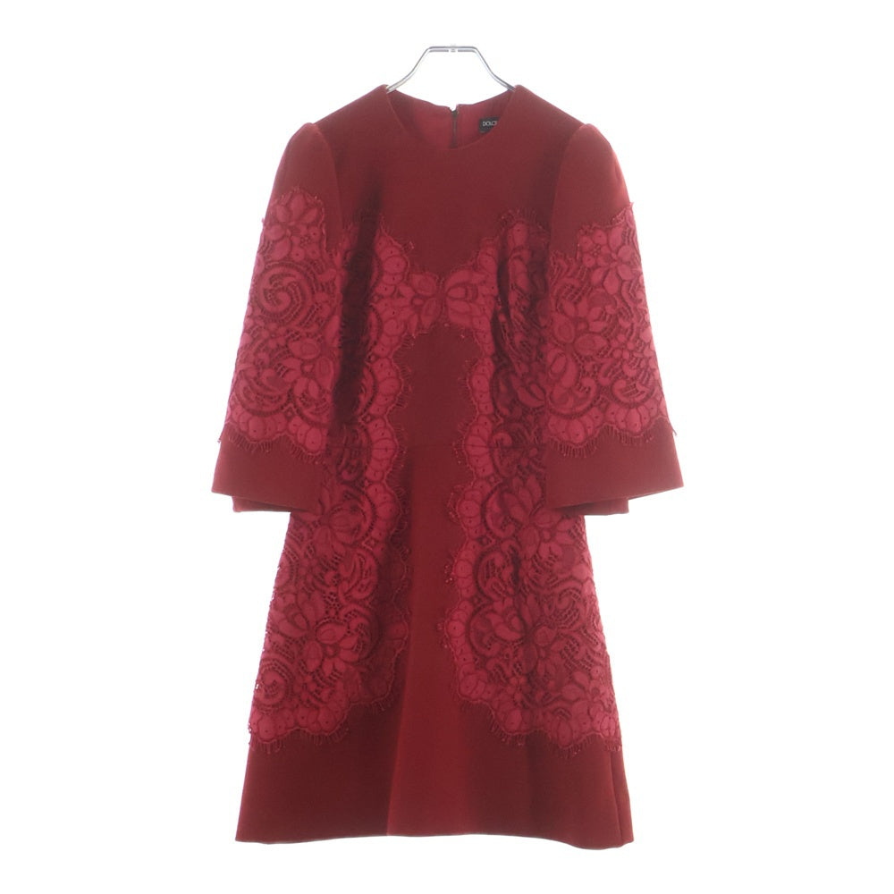 DOLCE & GABBANA(ドルチェアンドガッバーナ) フラワー柄レース切り替え ウール ハーフスリーブ ワンピース レッド レディース F6IG8T