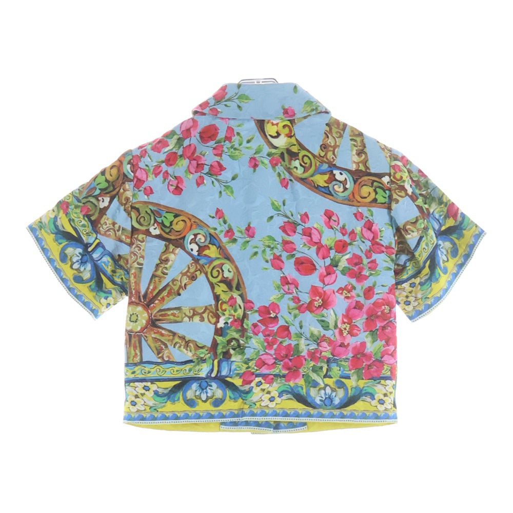 DOLCE & GABBANA(ドルチェアンドガッバーナ) フラワー総柄プリント ジャガード ビジューボタン ショートスリーブ 丸襟 ステンカラージャケット ライトブルー レディース F270PT