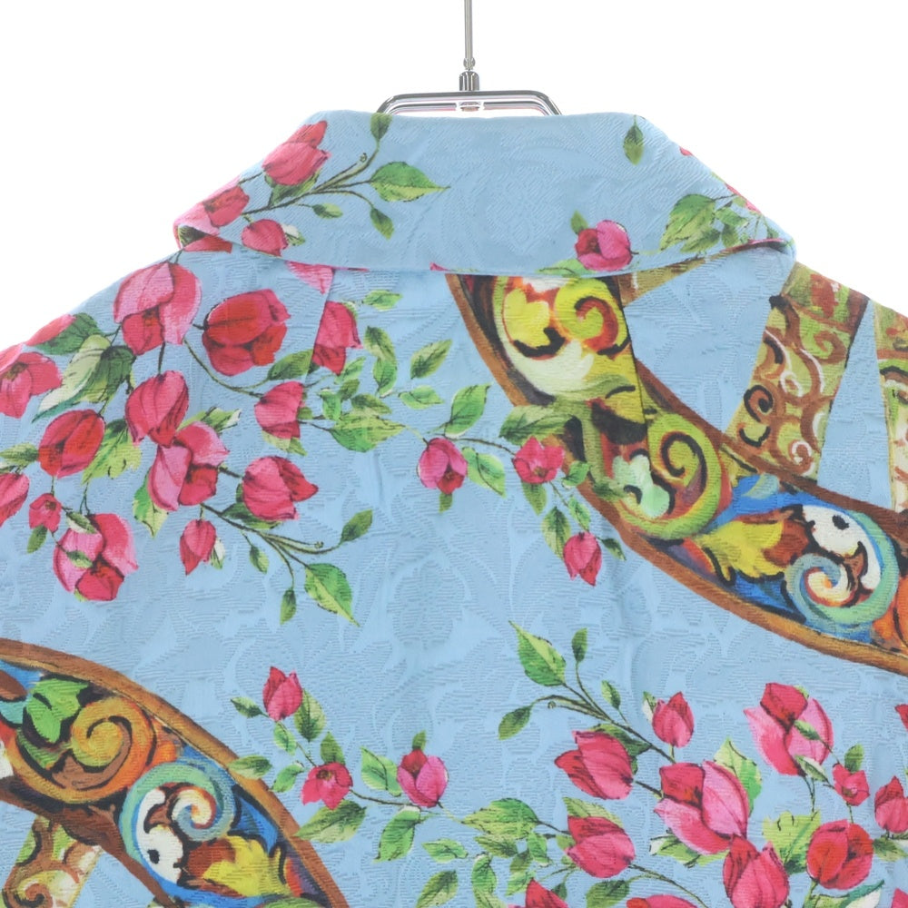 DOLCE & GABBANA(ドルチェアンドガッバーナ) フラワー総柄プリント ジャガード ビジューボタン ショートスリーブ 丸襟 ステンカラージャケット ライトブルー レディース F270PT