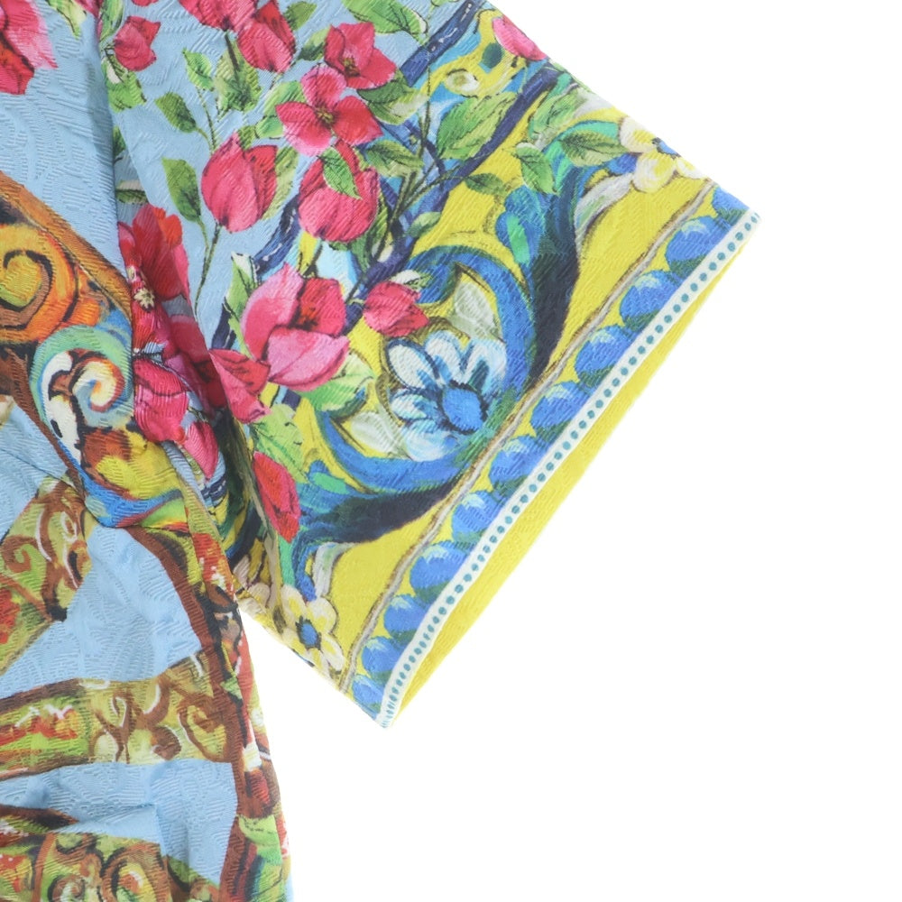 DOLCE & GABBANA(ドルチェアンドガッバーナ) フラワー総柄プリント ジャガード ビジューボタン ショートスリーブ 丸襟 ステンカラージャケット ライトブルー レディース F270PT